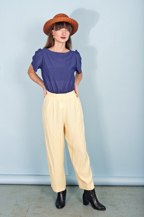 80s Light Yellow Rayon Pants Vintage Straight Ela… - image 3