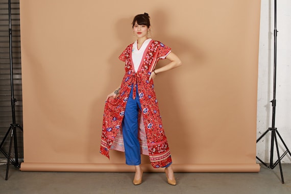 70s Red Colorful Floral Robe Vintage Wrap Summer … - image 1