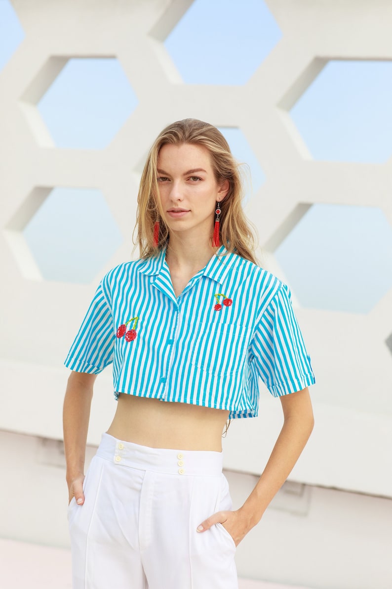 80s Blue Striped Cherry Hand Embroidered Crop Top Vintage Reworked Blouse image 1