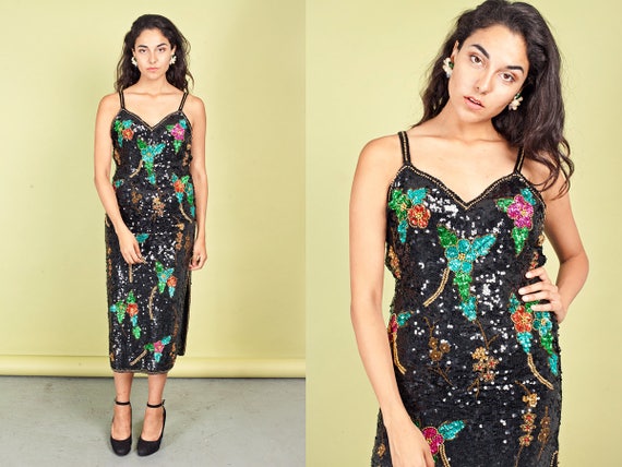 80s Beaded Colorful Sequin Gown Vintage Black Flo… - image 2