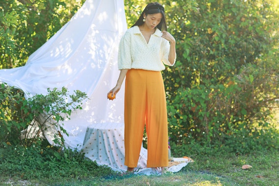 80s Orange Sunflower Yellow High Waisted Trousers… - image 6