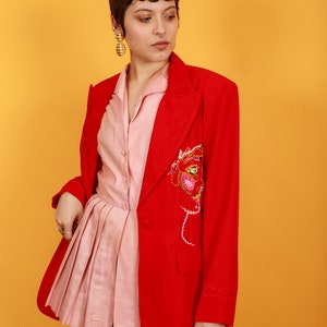 80s Bright Red Hand Embroidered Face Blazer Vintage Reworked Jacket image 2