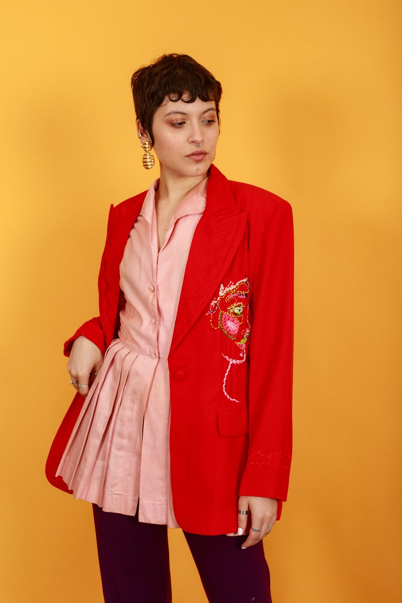 80s Bright Red Hand Embroidered Face Blazer Vintage Reworked Jacket image 2