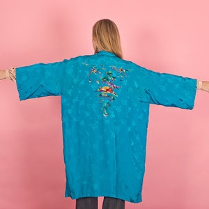 70s Blue Shiny Cherry Blossom Kimono Vintage Embroidered Long Robe image 6