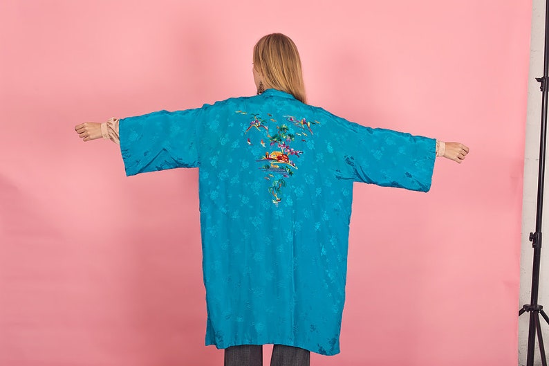 70s Blue Shiny Cherry Blossom Kimono Vintage Embroidered Long Robe image 6