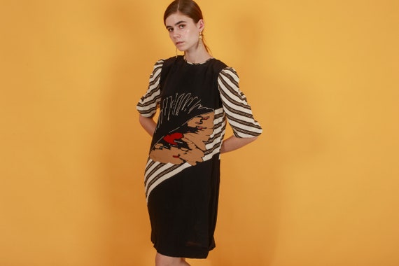 70s Black Abstract Silk Dress Vintage Mid Sleeve … - image 7