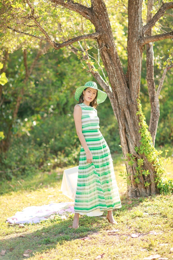 70s Striped Pleated Dress Vintage Green Flowy Str… - image 4