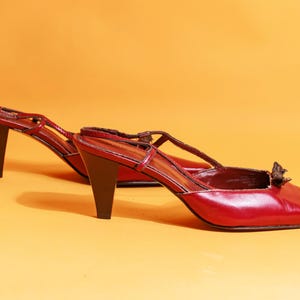90s Dark Cherry Red Leather Slingback Heels: Pointed Toe Kitten Heels
