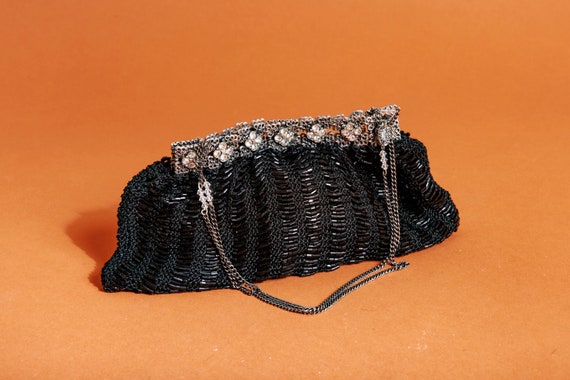 70s Black Woven Beaded Silver Evening Purse Vinta… - image 1