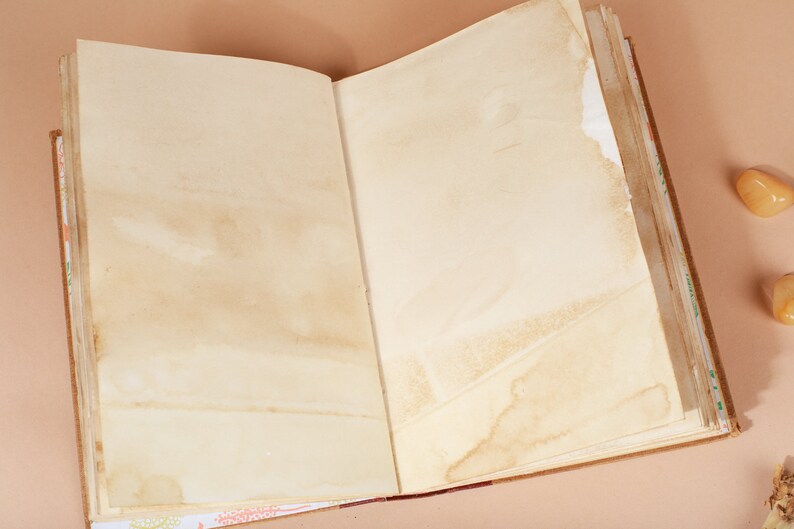 K&ouml;nnte beinhalten: Ein offenes, leeres Tagebuch mit braunen Lederbez&uuml;gen und gealterten, cremefarbenen Seiten. Das Tagebuch ist auf einer leeren Doppelseite ge&ouml;ffnet, wobei die Seiten an den R&auml;ndern leicht gewellt sind. Das Tagebuch liegt auf einer hellbraunen Oberfl&auml;che.