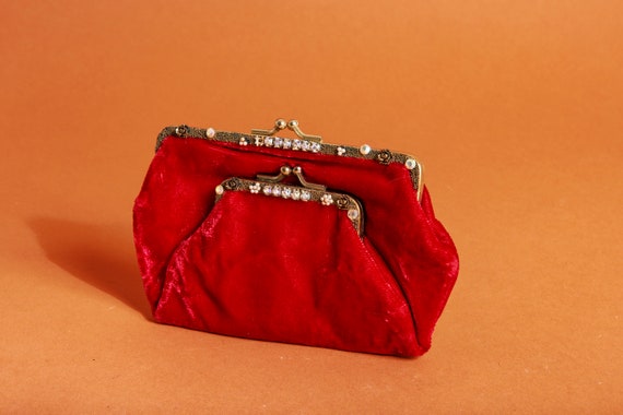 70s Bright Red Velvet Rhinestone Coin Purse Vinta… - image 5