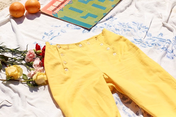 50s Bright Yellow Cotton Trousers Vintage High Wa… - image 9