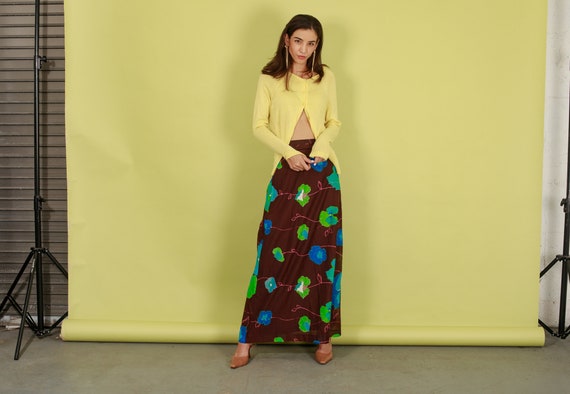 60s Brown High Waisted Lotus Flower Skirt Vintage… - image 3