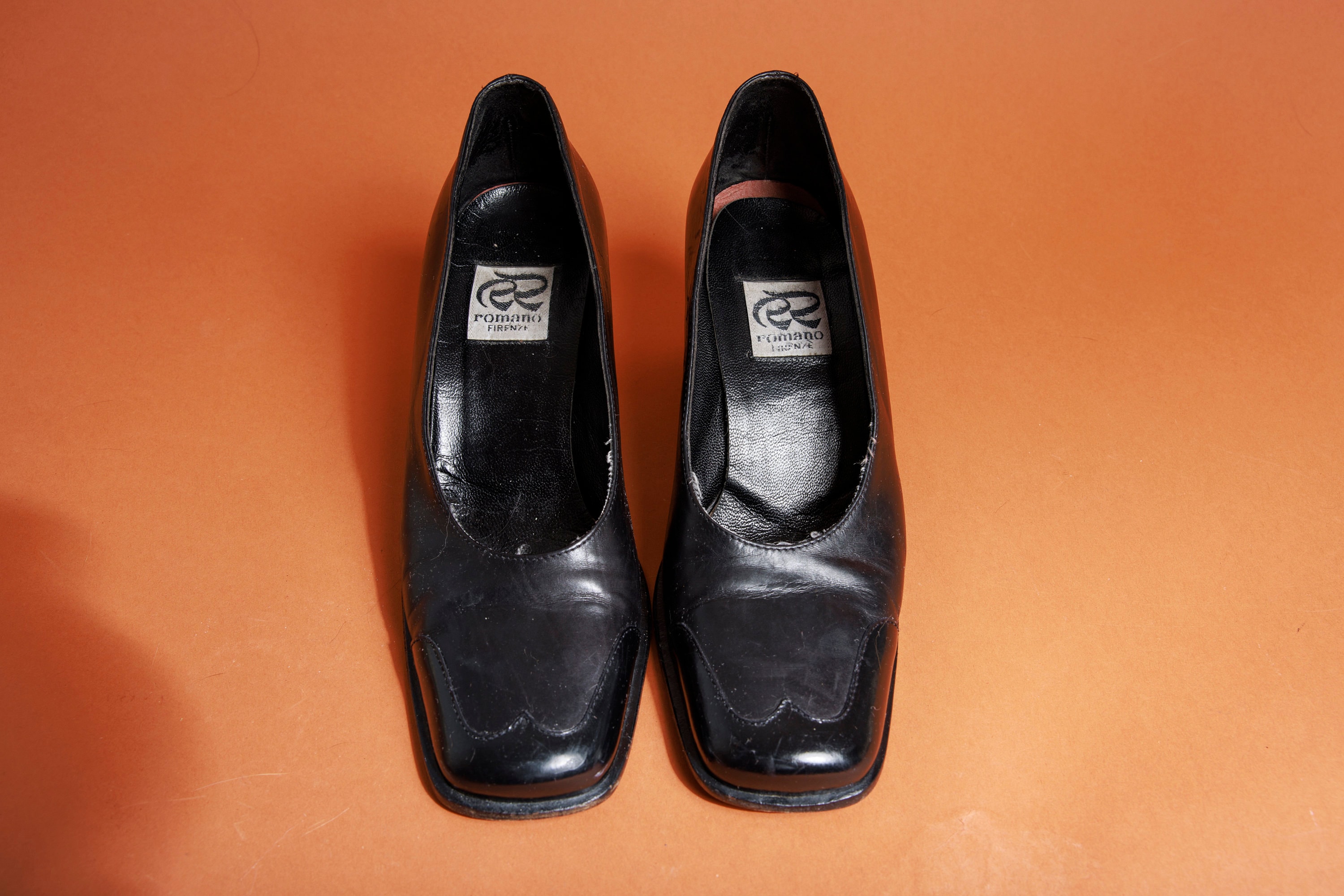 90s Black Leather Wing Tip Heels Vintage Classic Italian Square