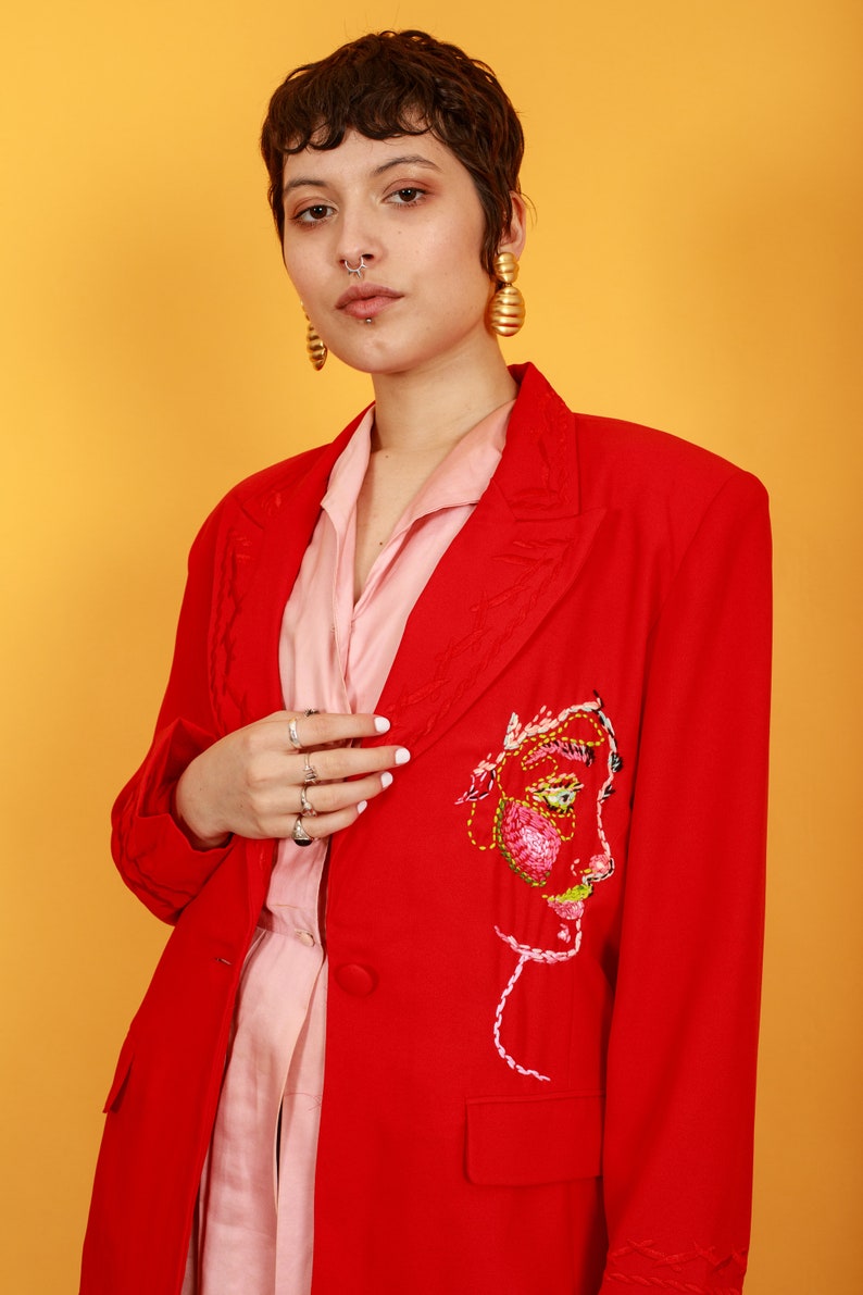 80s Bright Red Hand Embroidered Face Blazer Vintage Reworked Jacket image 4