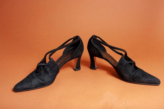 90s Black Velvet Criss Cross Pointed Heels Vintag… - image 6