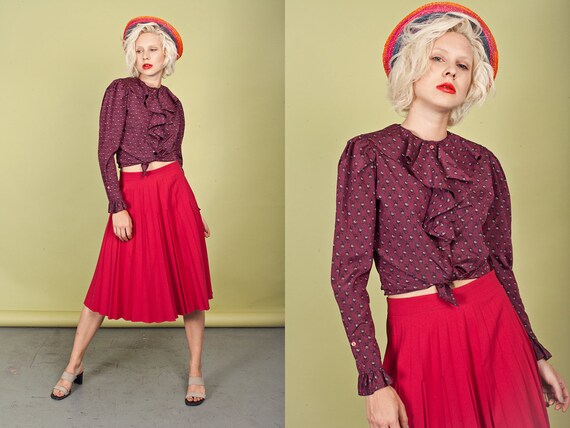 70s Dark Pink Pleat Skirt Vintage High Waisted Tex