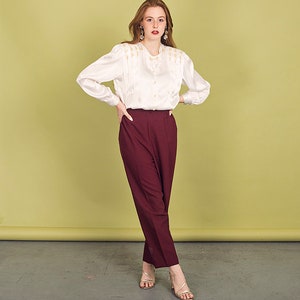 80s Wine Red Elastic Trousers Vintage High Rise Straight Leg Pants image 7