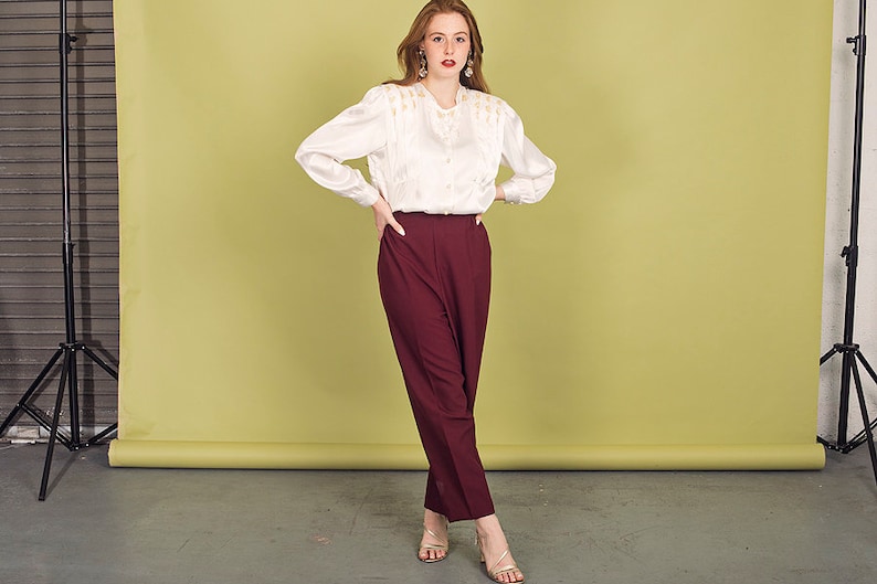 80s Wine Red Elastic Trousers Vintage High Rise Straight Leg Pants image 7