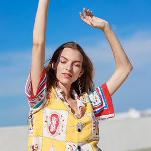 Handmade Yellow Red Graphic Novelty Linen Blouse Vintage Handmade Colorful Upcycled Fruits Top image 8