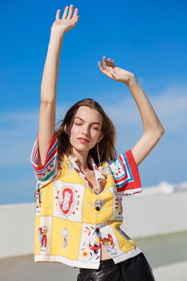 Handmade Yellow Red Graphic Novelty Linen Blouse Vintage Handmade Colorful Upcycled Fruits Top image 8