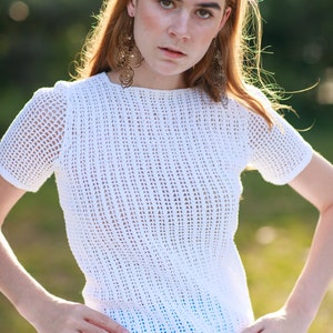 70s White Crochet Round Collar Top Vintage Short Sleeve Crocheted Knit Blouse image 2