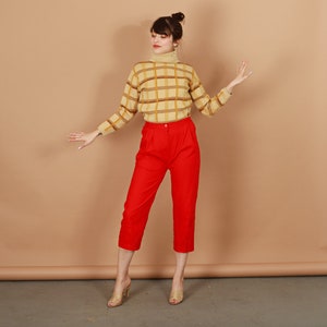 80s Bright Red High Waisted Linen Pants Vintage Cropped Straight Leg Petite Trousers image 3