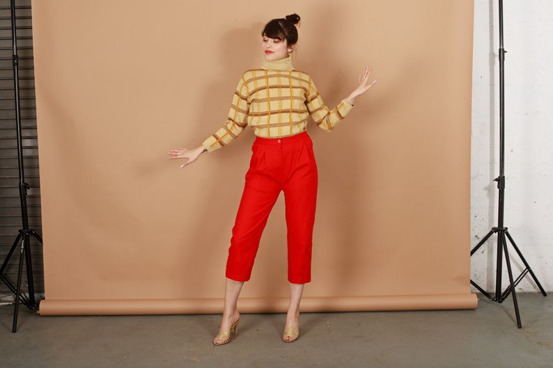 80s Bright Red High Waisted Linen Pants Vintage Cropped Straight Leg Petite Trousers image 3