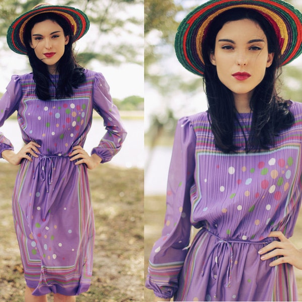 1960s Purple Colorful Polka Dot Day Dress