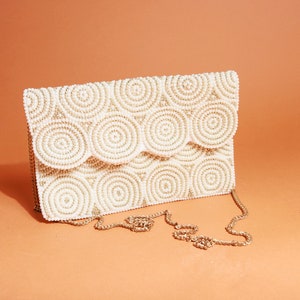 90s Light Beige Beaded Swirl Evening Purse Vintage Cotton Formal Chain Bag image 6