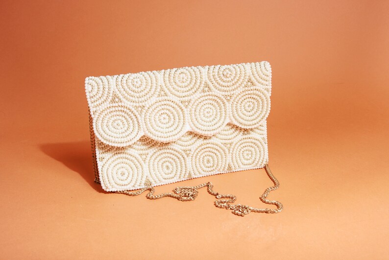 90s Light Beige Beaded Swirl Evening Purse Vintage Cotton Formal Chain Bag image 6