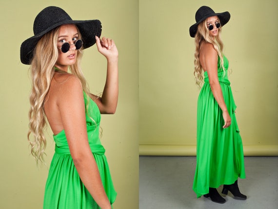 70s Apple Green Dress Vintage Bright Long Halter … - image 5