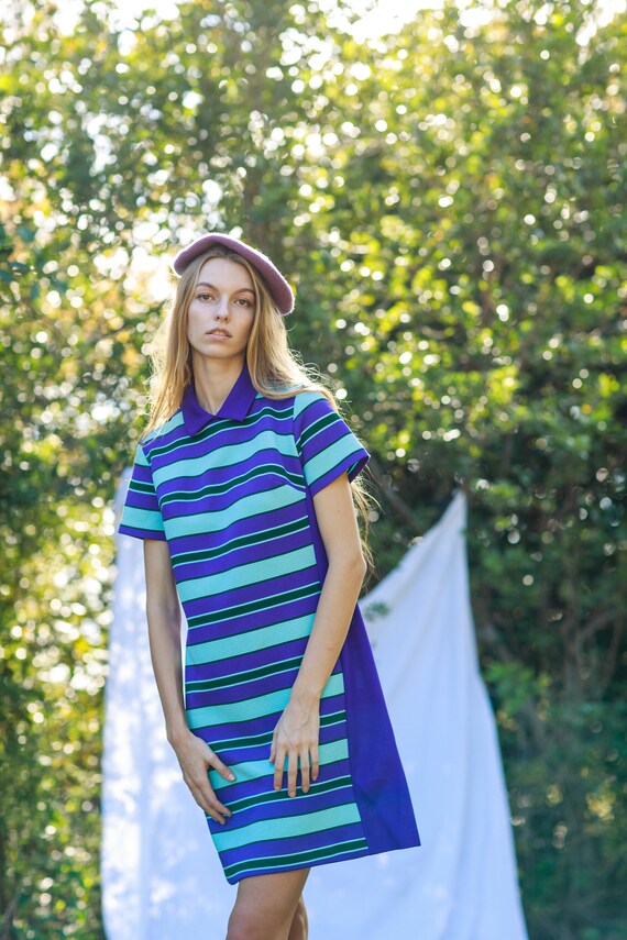 60s Purple Blue Striped Mod Dress Vintage Knitted Shift Dress