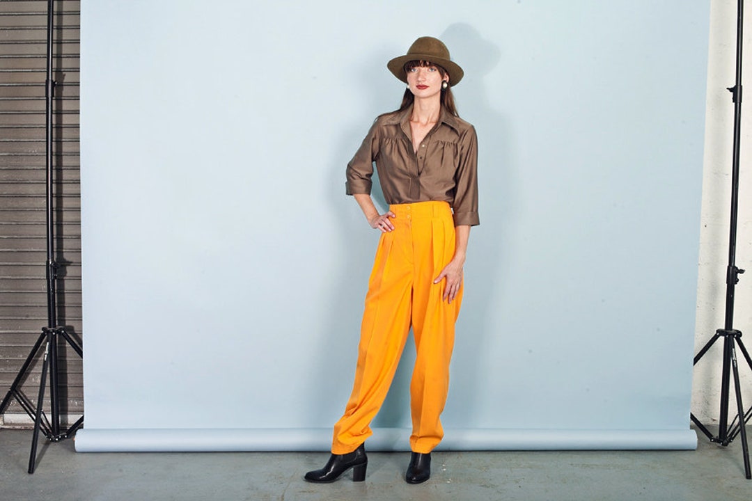 80s Orange Yellow Trousers Vintage Bright Rayon High Waisted - Etsy