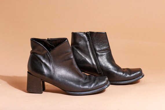 90s Black Leather Square Toe Short Boots Vintage … - image 4
