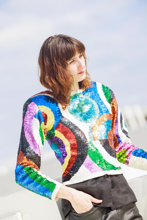 80s Bright Geometric Pattern Fully Sequin Long Sl… - image 8