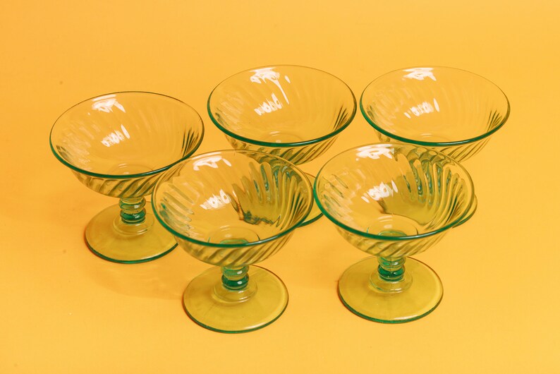 Set of 5 60s Teal Green Clear Glass Cups Vintage Cocktail Glasses Ice Cream Cups image 5