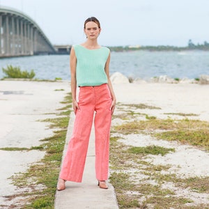 70s Peach Pink Suede High Waisted Pants Vintage Flared Wide Leg Stitched Trousers image 9