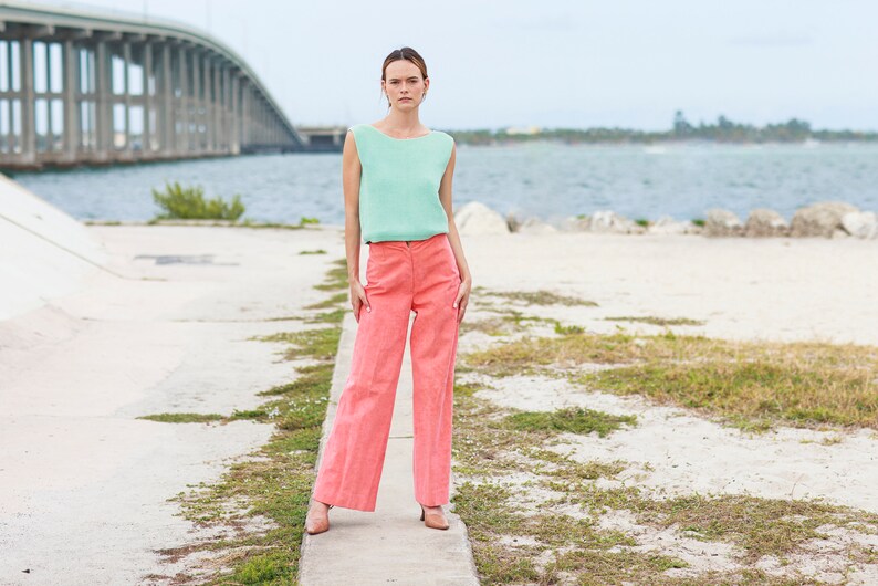 70s Peach Pink Suede High Waisted Pants Vintage Flared Wide Leg Stitched Trousers image 9