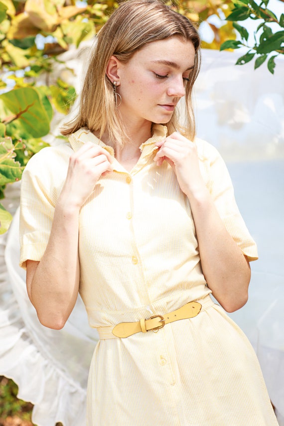 50s Light Yellow Striped Shirt Dress Vintage Shor… - image 4