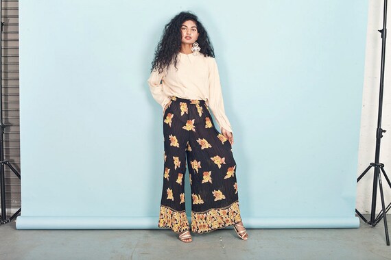 80s Black Floral Sheer Pants Vintage High Waisted