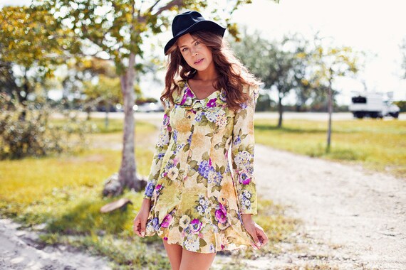 80s Green Foliage Dress Vintage Floral Ruffle Summ