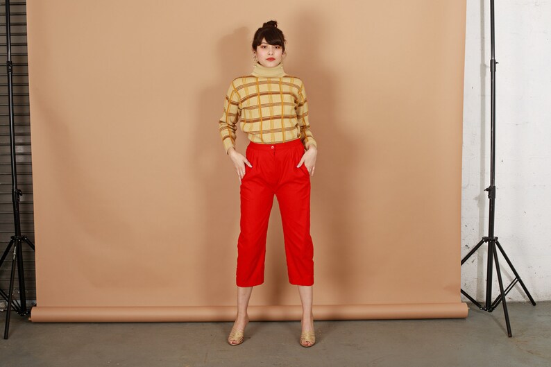 80s Bright Red High Waisted Linen Pants Vintage Cropped Straight Leg Petite Trousers image 6