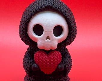Figura de la Parca gótica con corazón: regalo de San Valentín impreso en 3D, decoración oscura y adorable, miniesqueleto de amor.