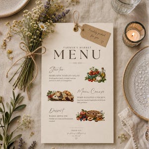 Farmers Market Menu Template with Name Tag, Editable Canva Party Menu, Printable Farm Birthday Decor