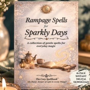 May include: A book titled "Rampage Spells for Sparkly Days" with a collection of gentle spells for everyday magic. The cover features a teapot, cup, candles, and an open book. The text "16 Page Instant Digital Download" is also visible.