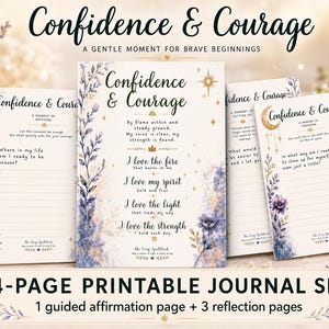 Peut inclure: Un ensemble de journal imprimable de quatre pages intitulé Confidence & Courage. Les pages présentent des illustrations florales violettes, des accents d'étoiles dorées et des invites guidées. Le texte inclut des affirmations et des questions.