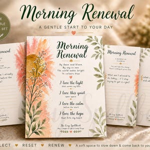 May include: A set of four printable journal pages with the title "Morning Renewal." The pages feature watercolor floral designs in peach and gold, with handwritten text and prompts for reflection and journaling. The set includes a circular logo that says "4 Page Printable Journal Set."