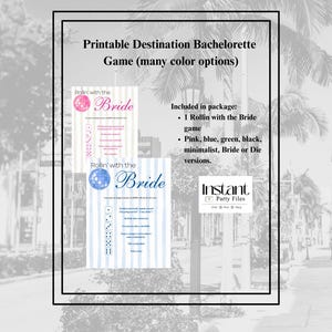 Puede incluir: Juego de despedida de soltera de destino imprimible con muchas opciones de color. El juego incluye un juego "Rollin' with the Bride" en versiones rosa, azul, verde, negro, minimalista, Bride o Die. El juego es de Instant Party Files.