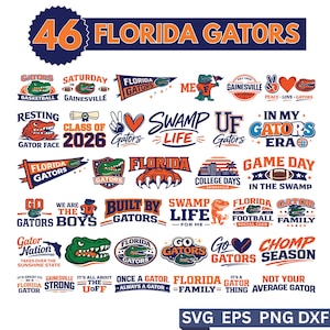 May include: A collection of Florida Gators-themed graphics in blue, orange, and green. Designs include text like "Gators," "Swamp Life," and "Game Day," along with Gator illustrations and football imagery. The number "46" is prominently displayed.